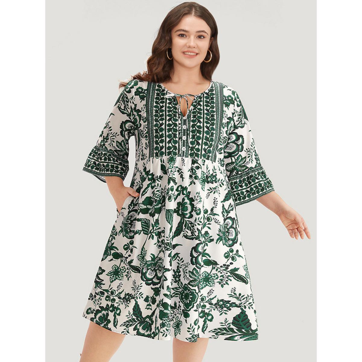 Plus Size Bandana Print Knot Neck Button Detail Dress DarkGreen Women Vacation Cross straps V-neck Elbow-length sleeve Curvy Midi Dress BloomChic 14-16/1X Product Image