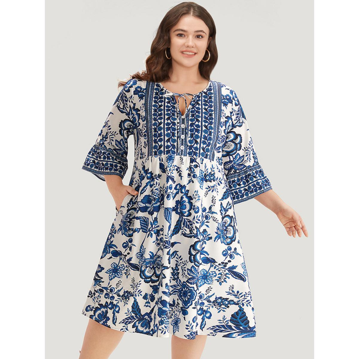 Plus Size Bandana Print Knot Neck Button Detail Dress DarkBlue Women Vacation Cross straps V-neck Elbow-length sleeve Curvy Midi Dress BloomChic 22-24/3X Product Image