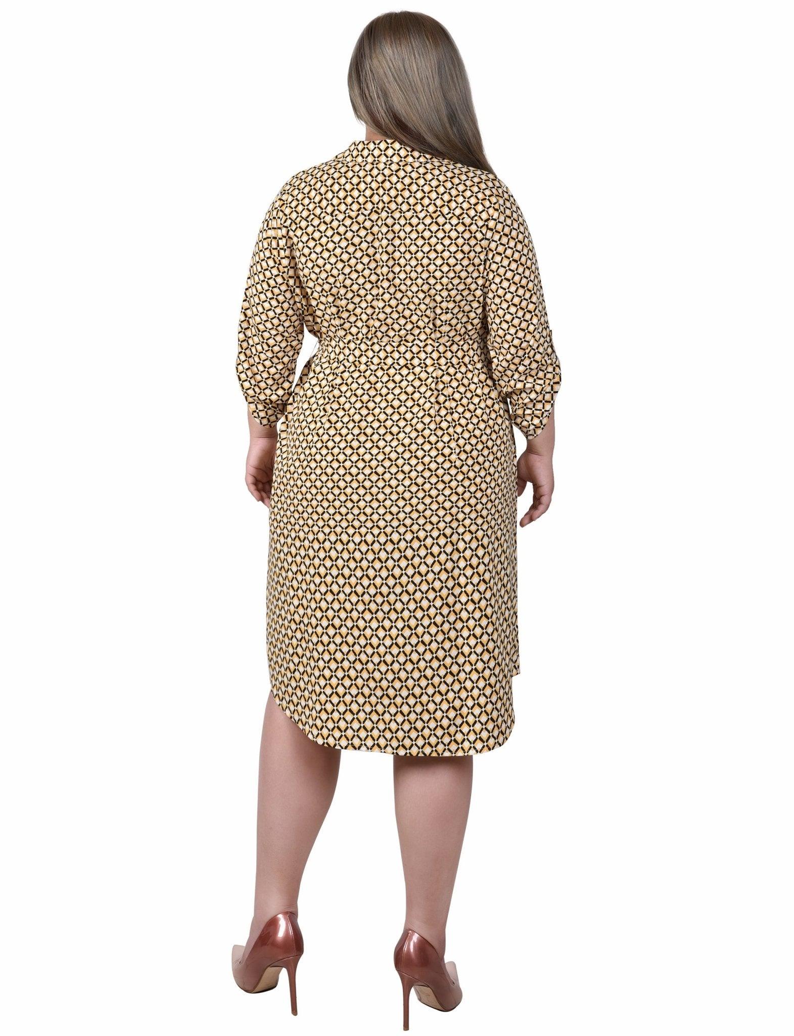 Yellow White Black Diamond 3/4 Roll Tab Sleeve Zippered Shirtdress - Plus Product Image