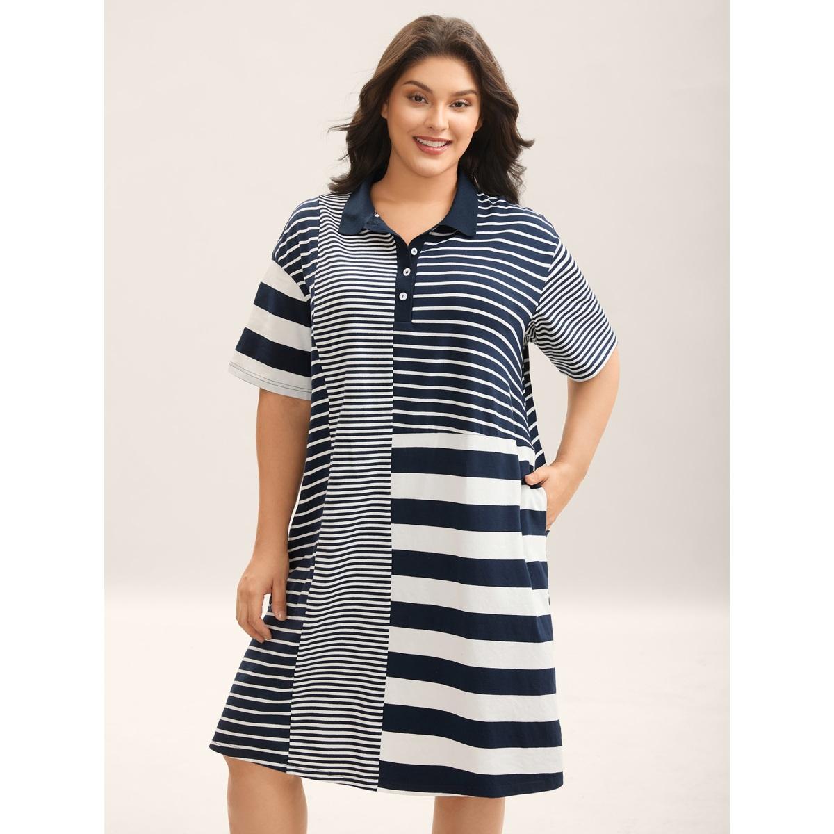 Plus Size Cotton Knit Stripe Print Midi Dress Navy Women Office Polo Half Sleeve Curvy BloomChic 22-24/3X Product Image