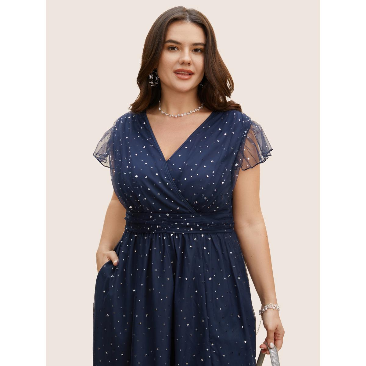 Plus Size Sequin Mesh V Neck Ruffle Cap Sleeve Dress Indigo Women Formal Texture V-neck Cap Sleeve Curvy BloomChic 18-20/2X Product Image