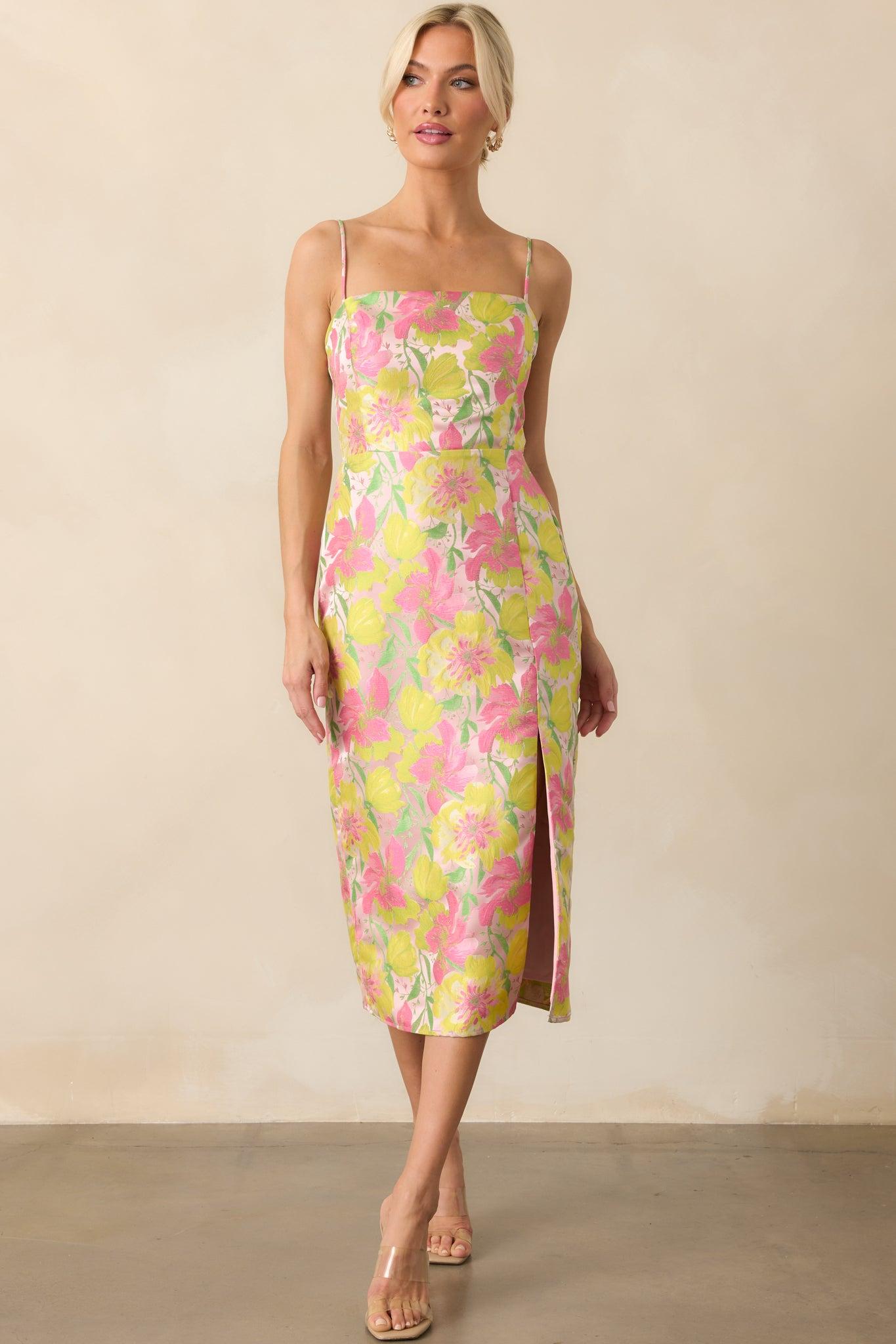 All Of Your Greatness Light Pink Floral Print Jacquard Midi Dress Product Image