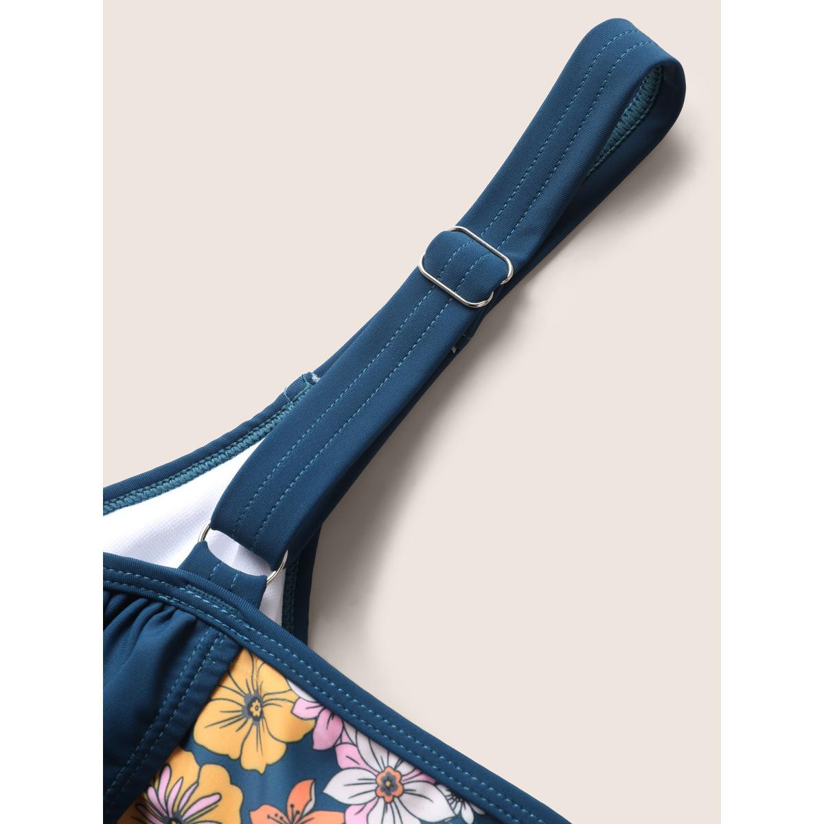 Plus Size U Neck Ditsy Floral Patchwork Gathered Swim Top Women's Swimwear Indigo Beach Gathered High stretch Bodycon U-neck Curve Swim Tops BloomChic 12/L Product Image