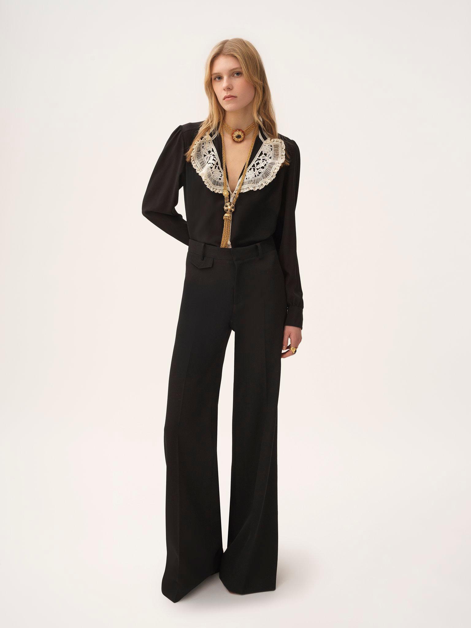 Ruffled blouse in crêpe de chine & lace Product Image