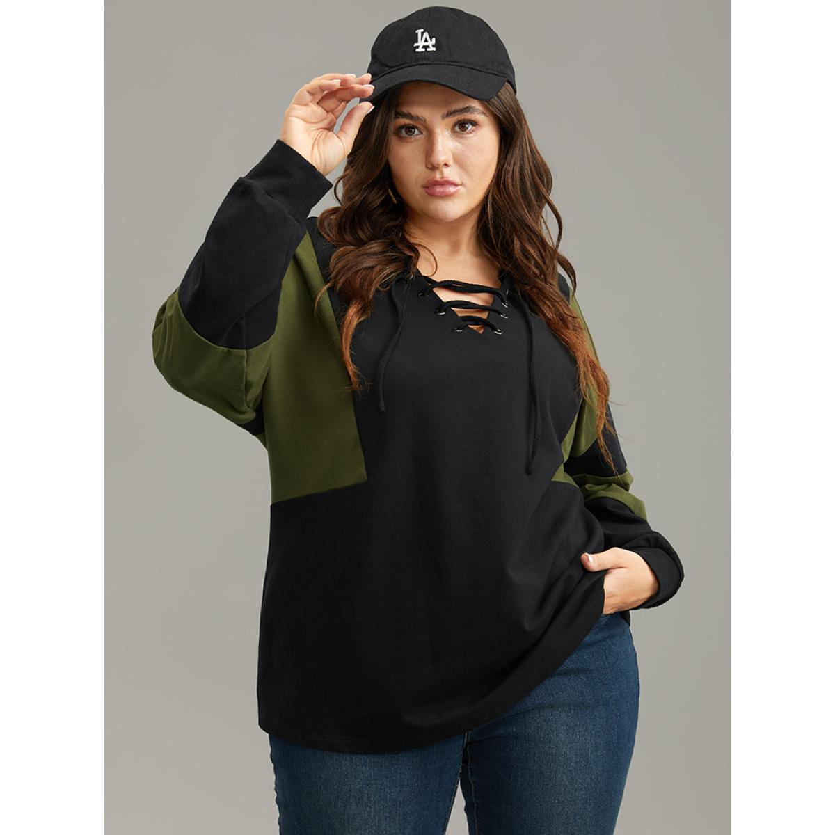 Plus Size Cotton Colorblock Contrast Lace Up Sweatshirt Women Black Casual Elastic cuffs V-neck Dailywear Sweatshirts BloomChic 26/4X Product Image