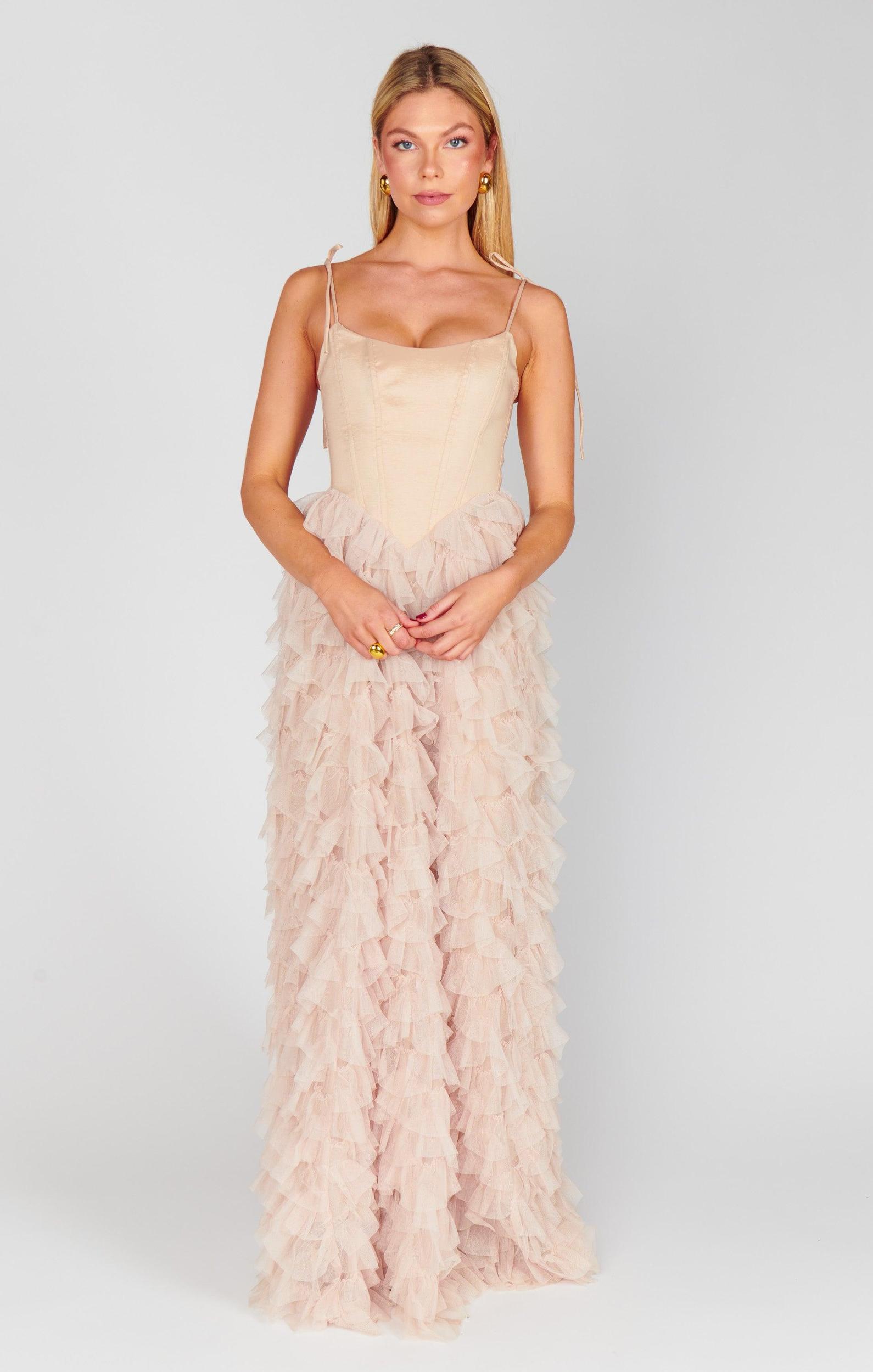 Francesca Maxi Dress ~ Champagne Tulle Ruffle Product Image