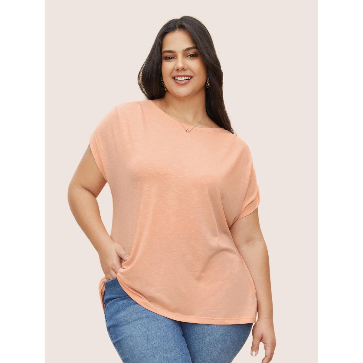 Plus Size Plain Round Neck Gathered Batwing Sleeve T-shirt Crepe Women Elegant Gathered Round Neck Everyday T-shirts BloomChic 30/6X Product Image