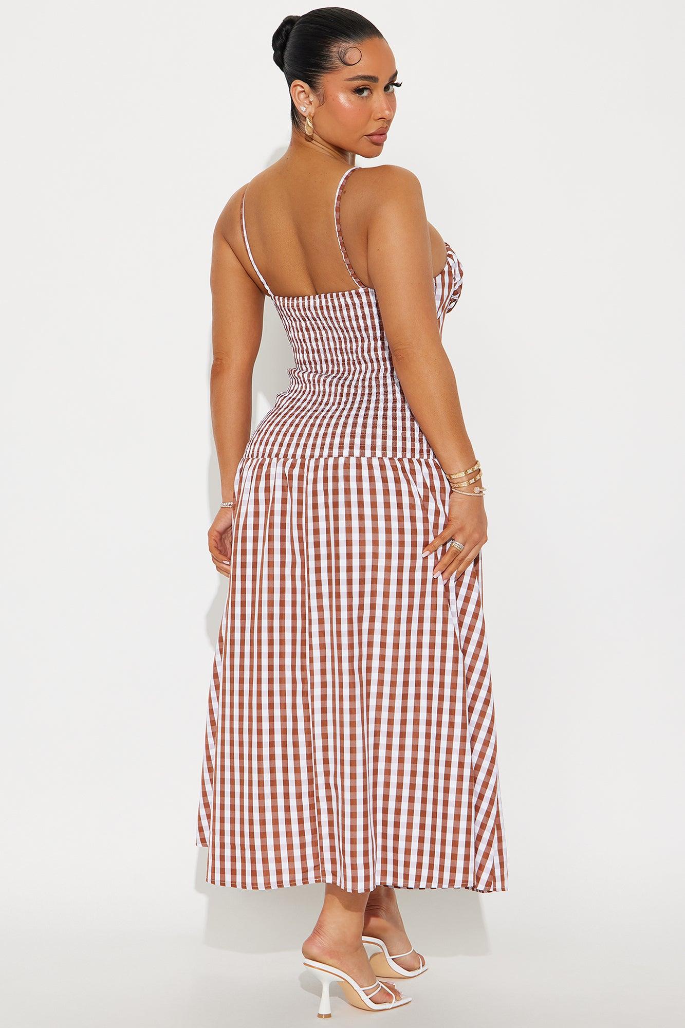 Jillian Drop Waist Gingham Midi Dress - Brown/combo Product Image
