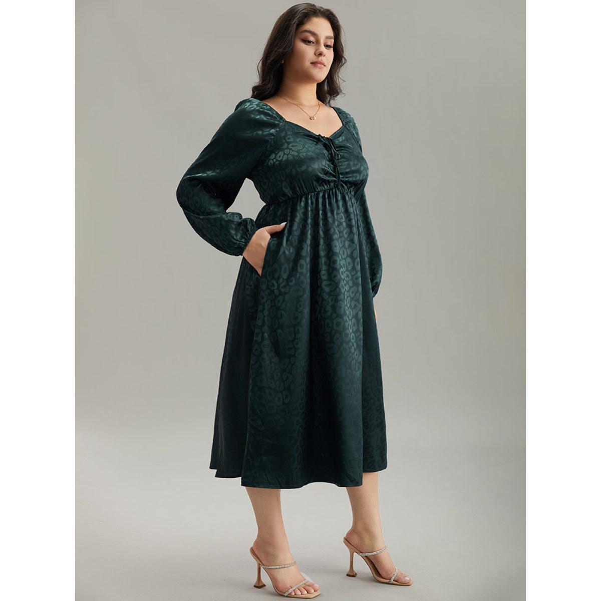 Plus Size Leopard Square Neck Elastic Waist Ties Dress Cyan Women Glamour Elastic cuffs Square Neck Long Sleeve Curvy Midi Dress BloomChic 26/4X Product Image