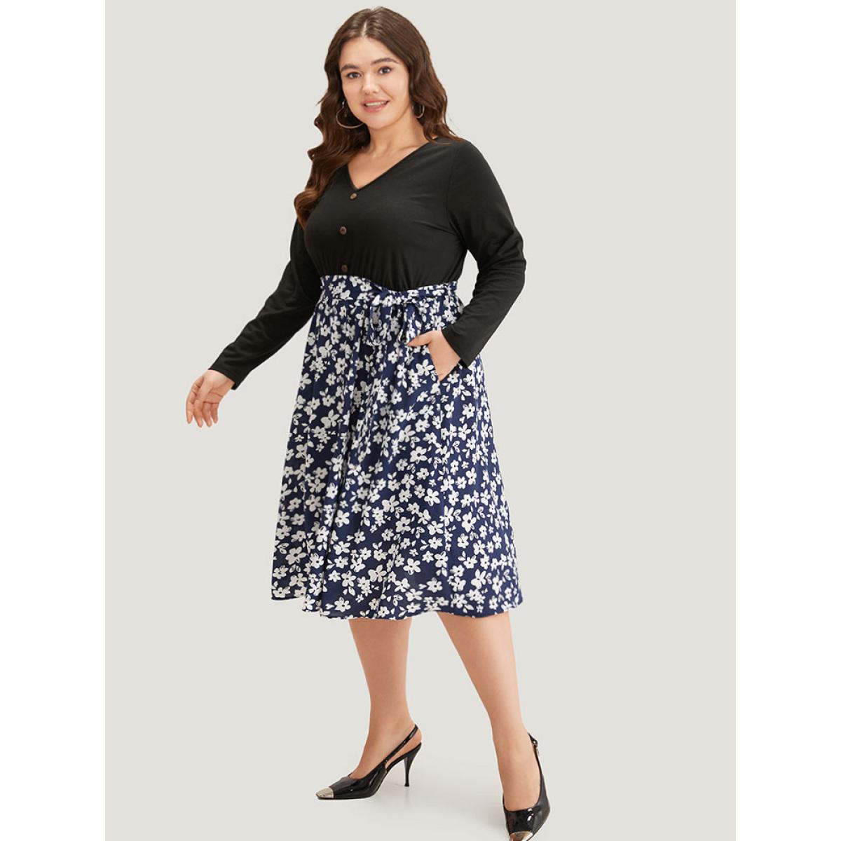Plus Size Silhouette Floral Print Belted Button Detail Dress Navy Women Office Printed V-neck Long Sleeve Curvy Midi Dress BloomChic 10/M Product Image
