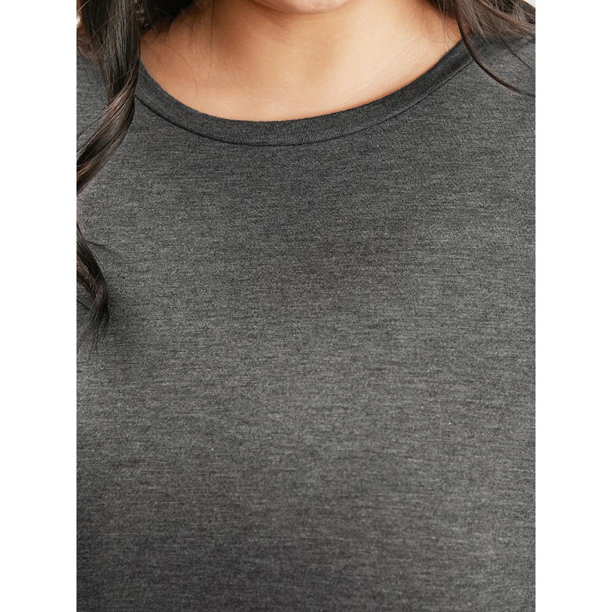 Plus Size Solid Round Neck Pocket Beaded Webbing Ruffle Trim Dress DimGray Women Casual Gathered Round Neck Short sleeve Curvy Midi Dress BloomChic 14-16/1X Product Image