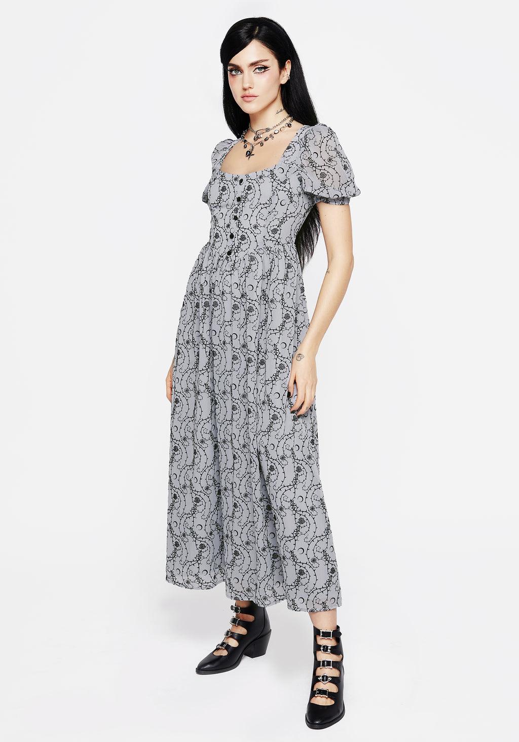 Rosethorn Flocked Velour Puff Sleeve Midaxi Dress - Blue Product Image