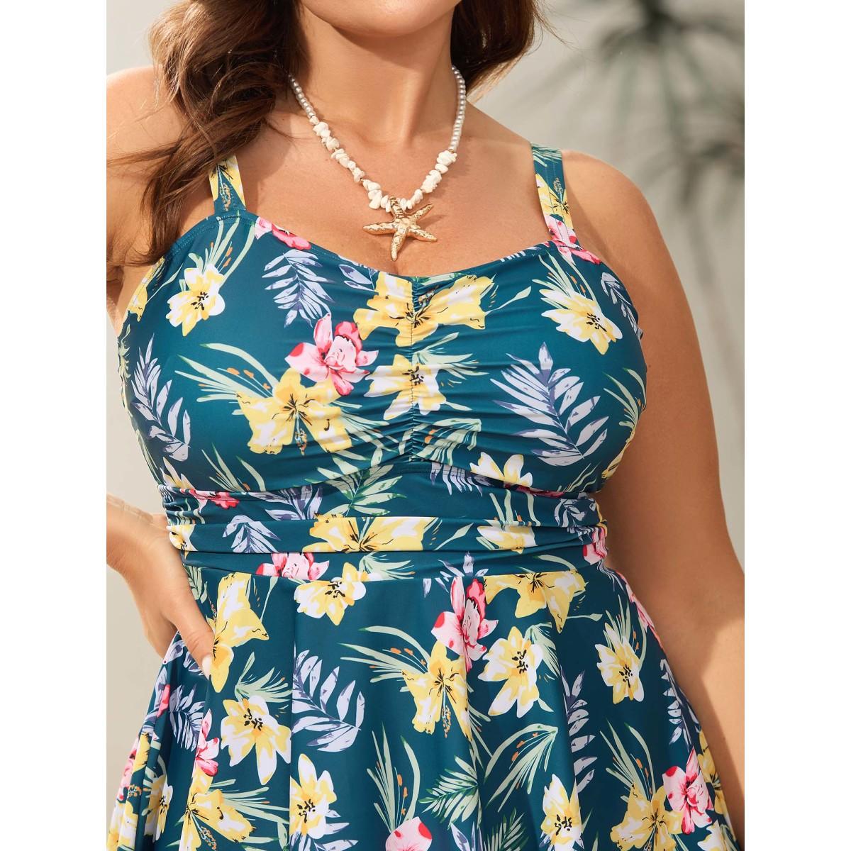 Plus Size Tropical Floral Print Twist Front Swim Dress Women's Swimwear Cyan Beach Bodycon Heart neckline High stretch Curve Swim Dresses BloomChic 28/5X Product Image