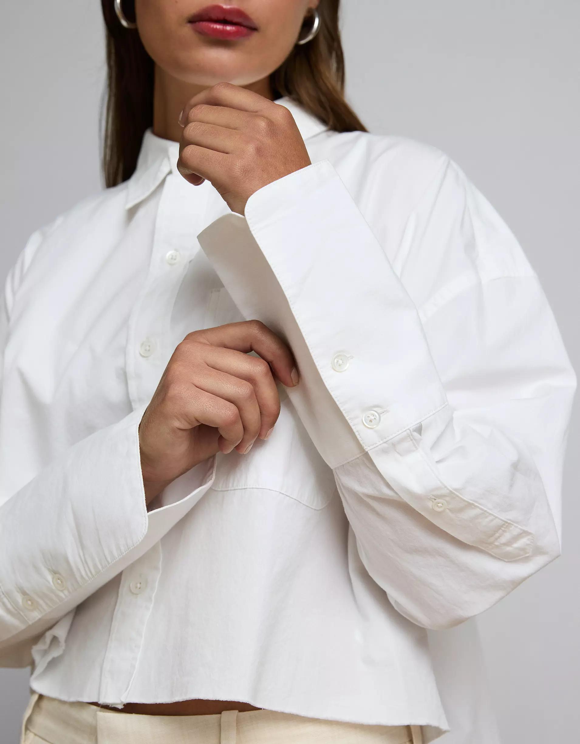 AE77 Premium Long-Sleeve Boxy Crop Tuxedo Shirt Product Image