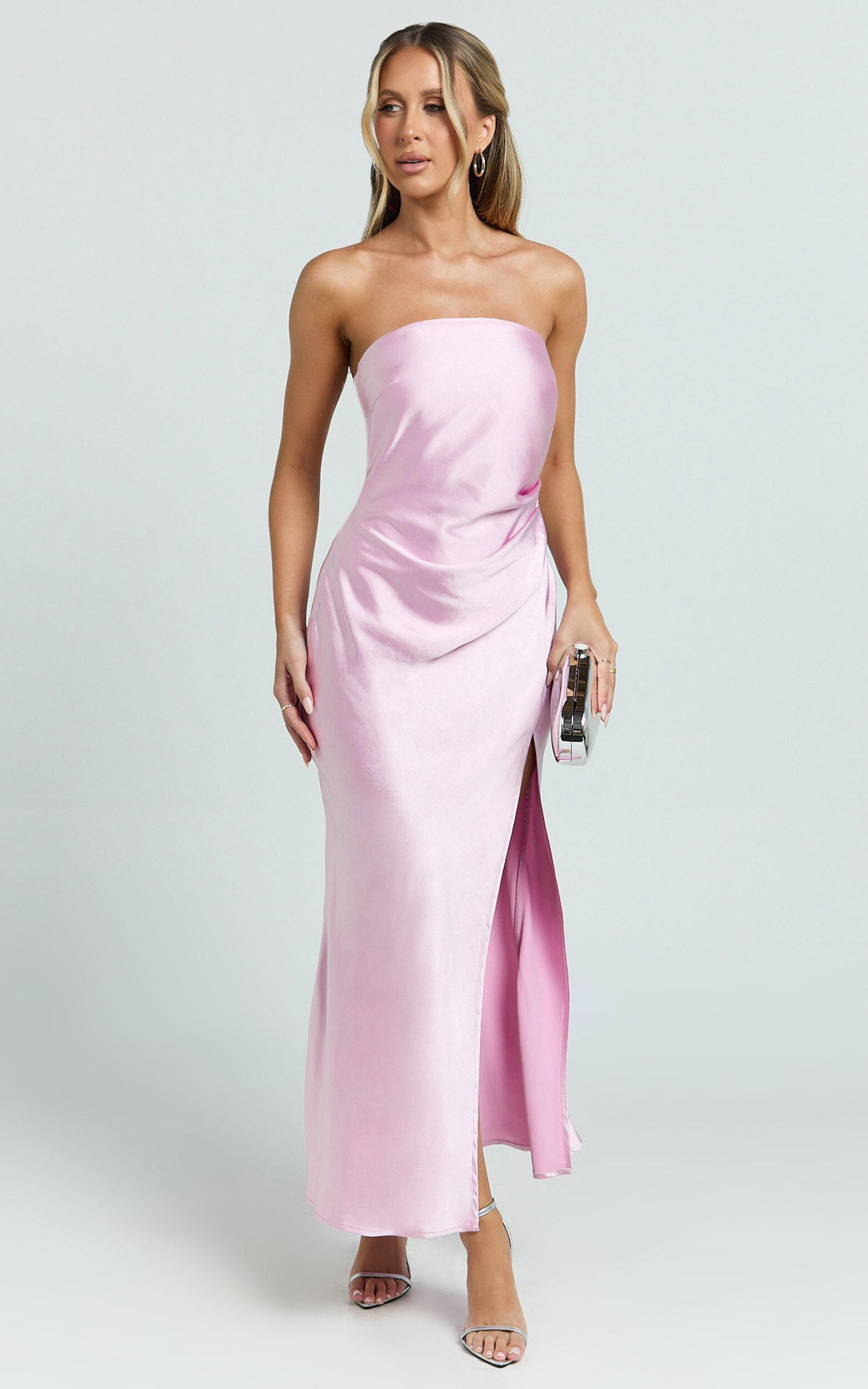 Glenda Midi Dress - Satin Strapless Side Split Dress in Pink Product Image