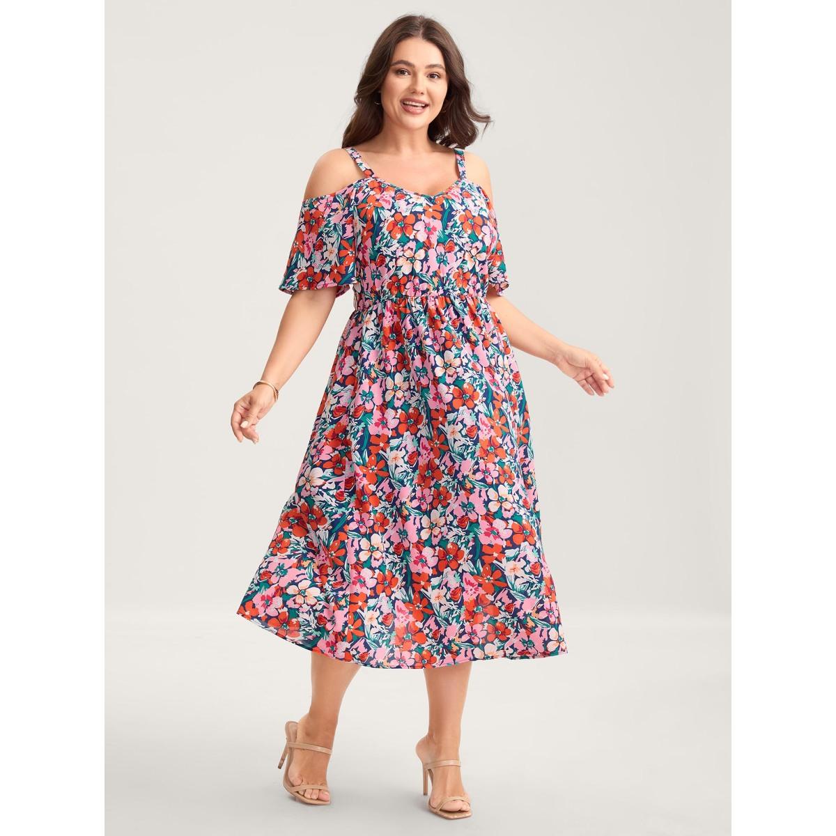 Plus Size Floral Print Off-Shoulder Pockets Midi Dress DarkBlue Women Heart neckline Short sleeve Curvy BloomChic 18-20/2X Product Image