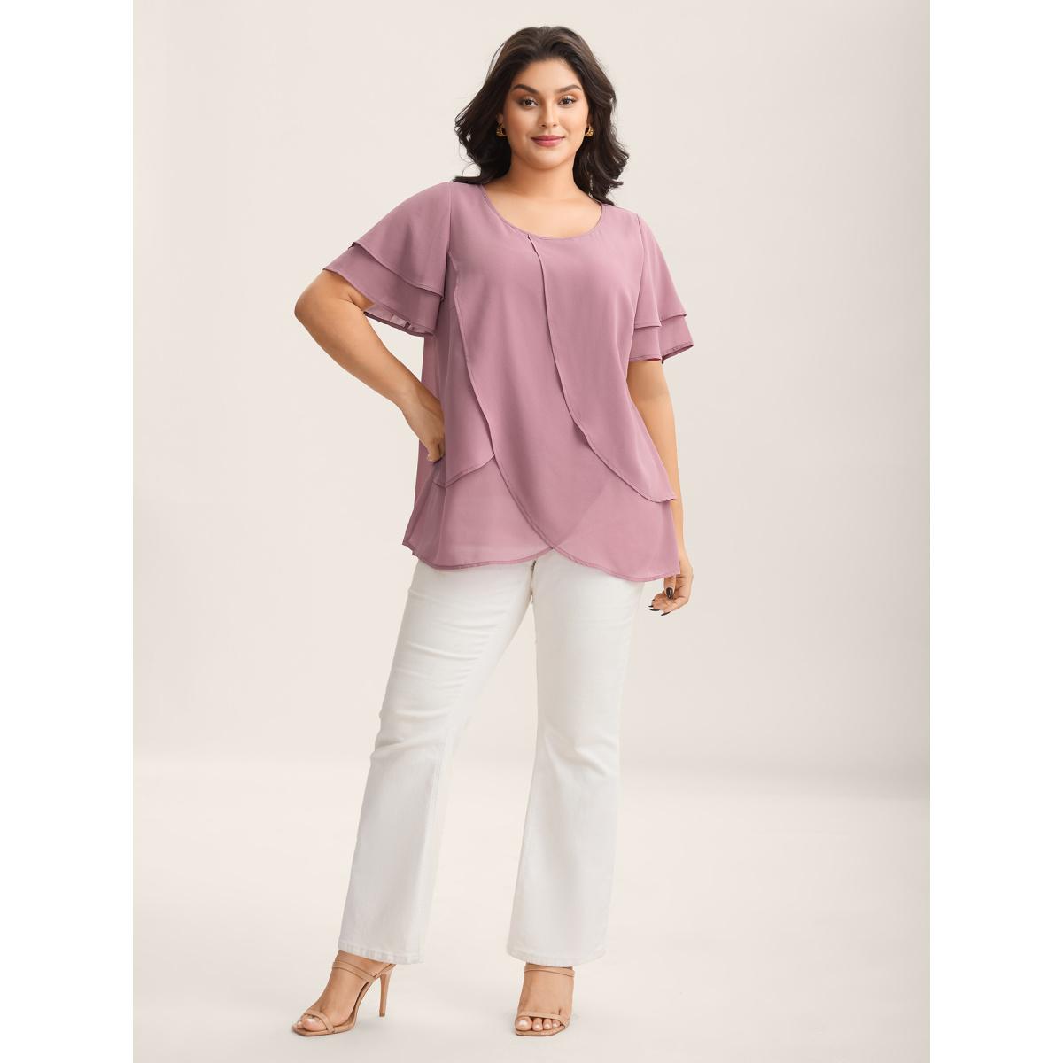 Plus Size DustyPink Chiffon Layered Flowy Solid Blouse Women Short sleeve Round Neck Everyday-Elegant Blouses BloomChic 28/5X Product Image