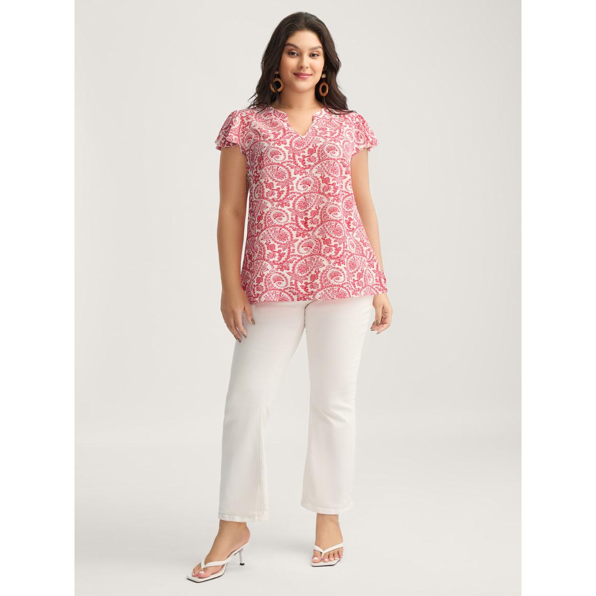 Plus Size Raspberry Paisley Print Notched Collar Blouse Women Cap Sleeve Flat collar with V-notch Vacation Blouses BloomChic 14-16/1X Product Image