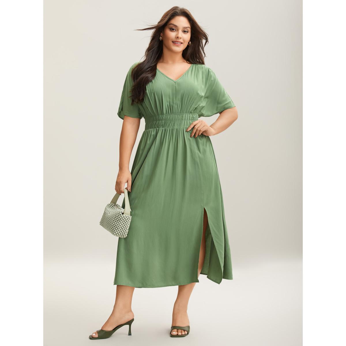 Plus Size Pleated Solid Color Slit Maxi Dress Sage Women Elegant Gathered V-neck Short sleeve Curvy BloomChic 14-16/1X Product Image