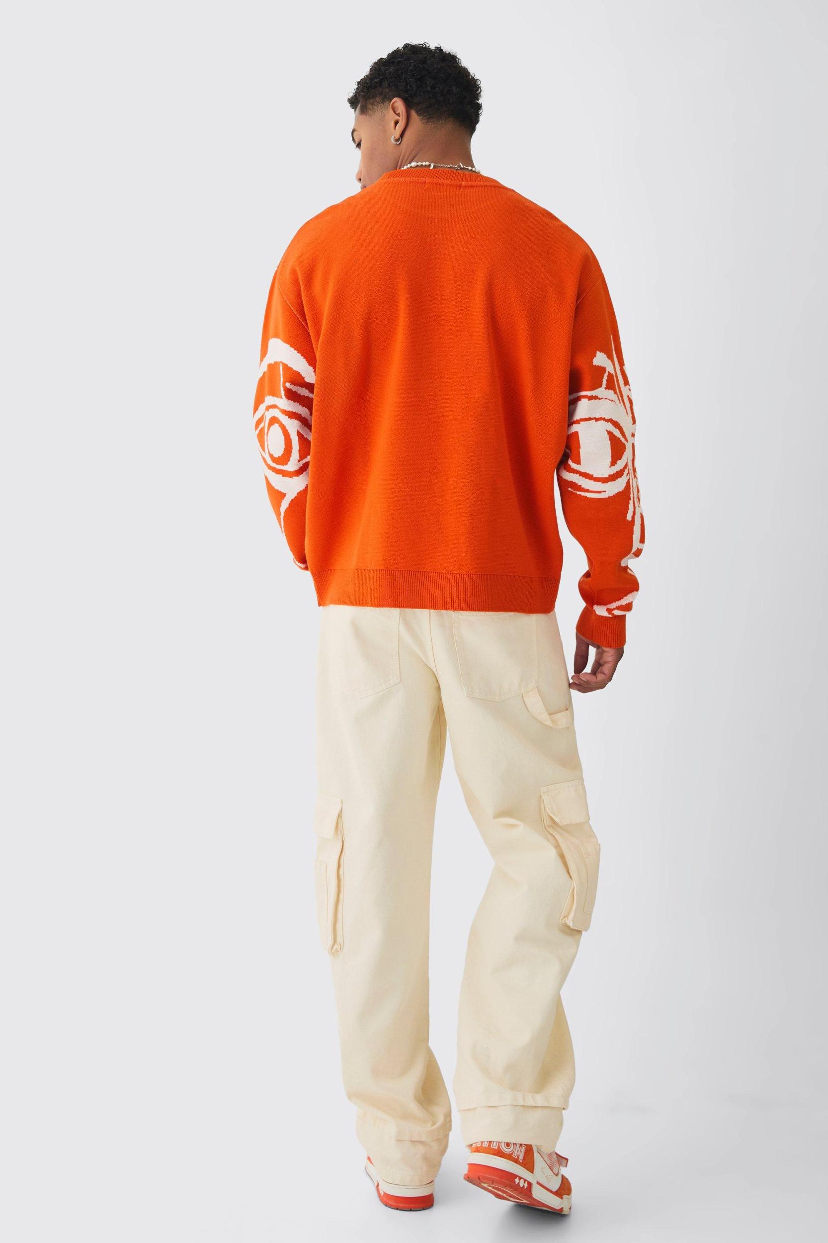 Oversized Boxy Abstract Line Face Knitted Sweater | boohooMAN USA Product Image