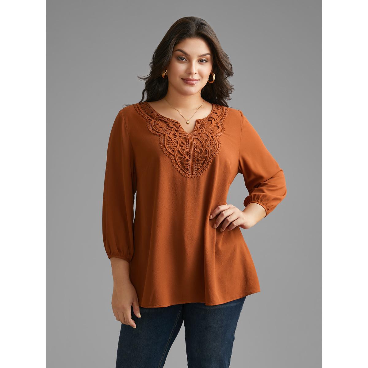 Plus Size Rust Notched Lace Trim Gathered Blouse Women Elegant Extra Long Sleeve Flat collar with V-notch Everyday Blouses BloomChic 30/6X Product Image