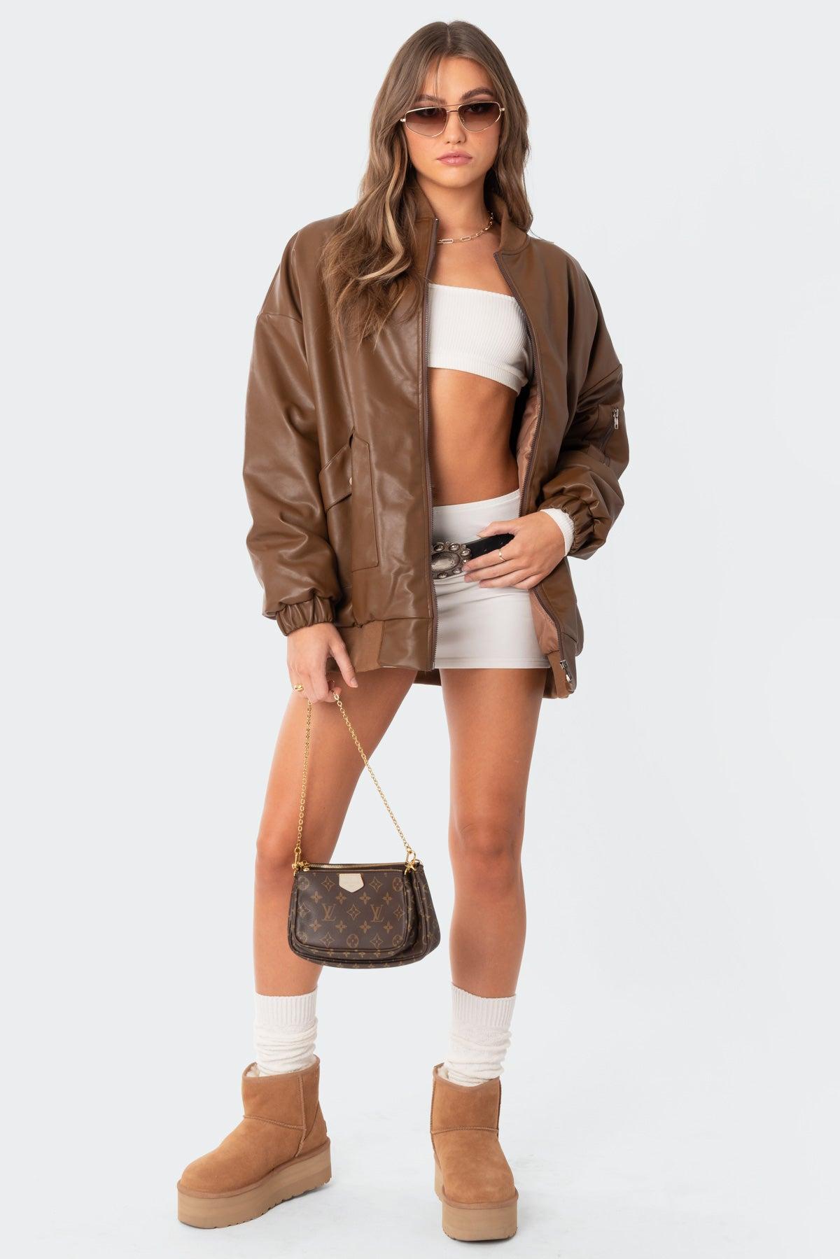 Faux Leather Oversized Bomber Jacket Product Image