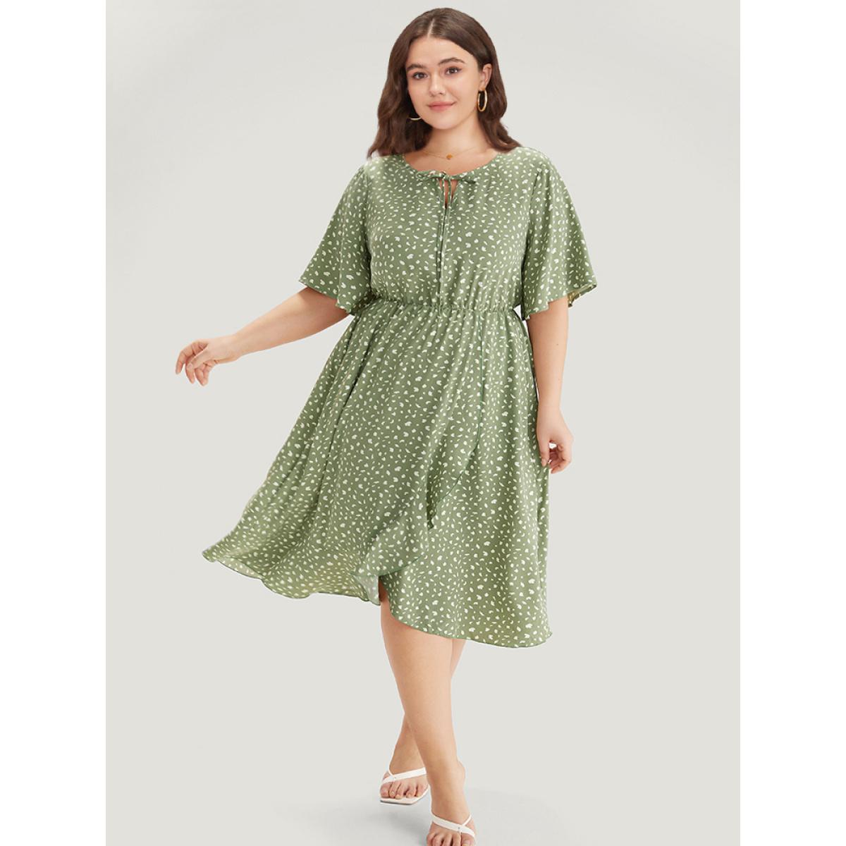 Plus Size Leopard Print Pocket Knot Neck Flutter Trim Dress Sage Women Office Cross straps Notched collar Short sleeve Curvy Midi Dress BloomChic 18-20/2X Product Image