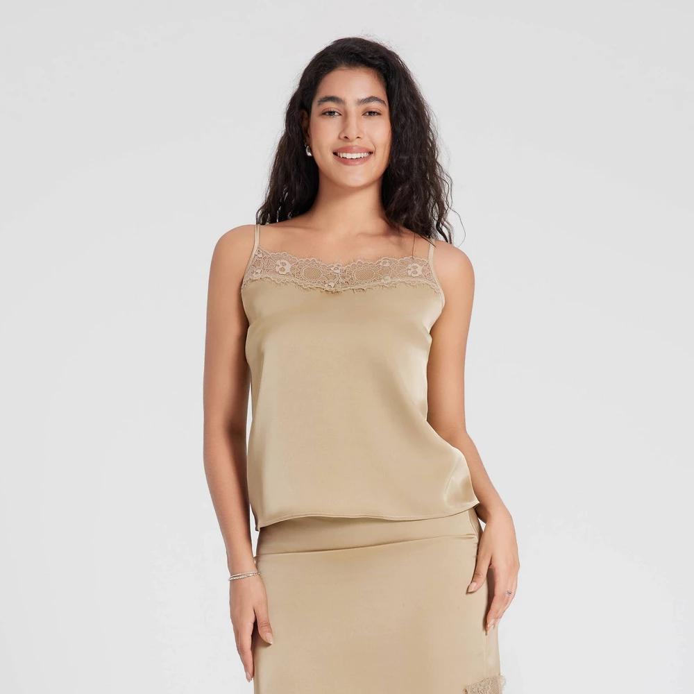 Women's Lace Trim Satin Camisole - A New Day™ Light Blue S Product Image