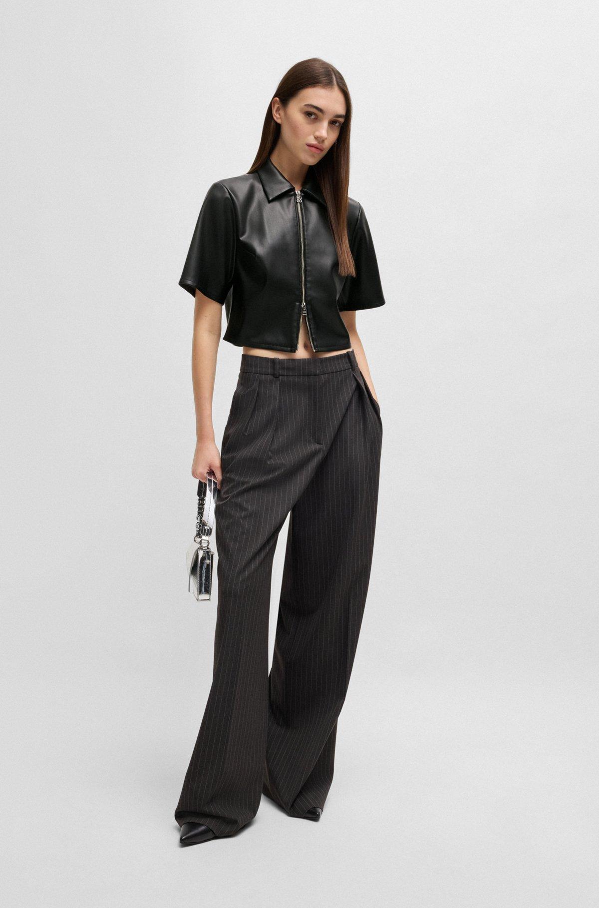 HUGO - Sharp-fit top in faux leather with point collar - Black Product Image