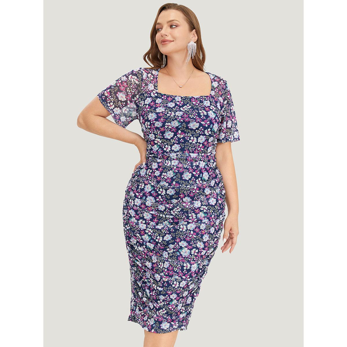 Plus Size Floral Print Ruched Square Neck Dress Stone Women Glamour Gathered Square Neck Short sleeve Curvy Midi Dress BloomChic 30/6X Product Image