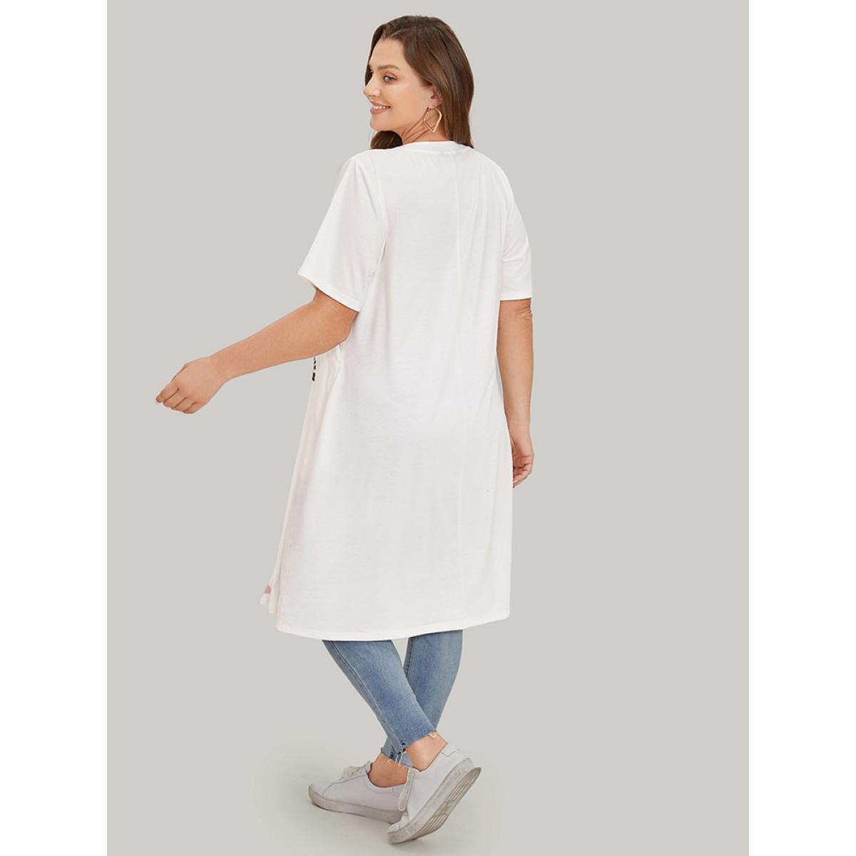 Plus Size Floral Print Pocket Contrast Midi Dress White Women Casual Pocket Round Neck Short sleeve Curvy Midi Dress BloomChic 12/L Product Image