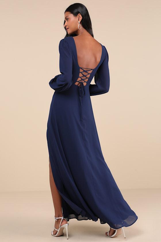 Marvelous Affair Navy Blue Pleated Lace-Up Maxi Dress Product Image