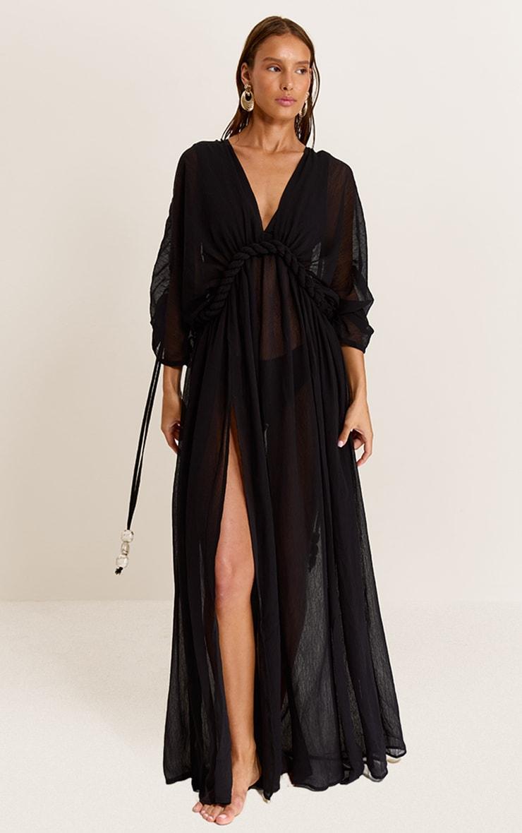 Black Textured Chiffon Twist Boho Beach Dress Product Image