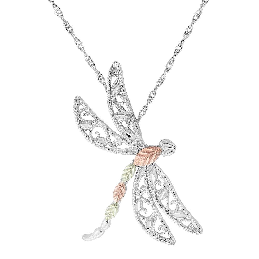 Black Hills Gold Tri-Tone Dragonfly Pendant Necklace in Sterling Silver, Women's, Size: 18" Product Image