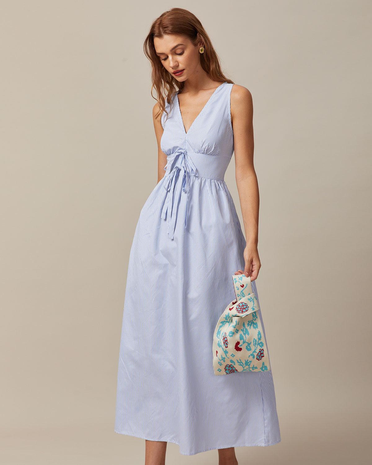 The Blue V Neck Shirred Striped Maxi Dress Product Image