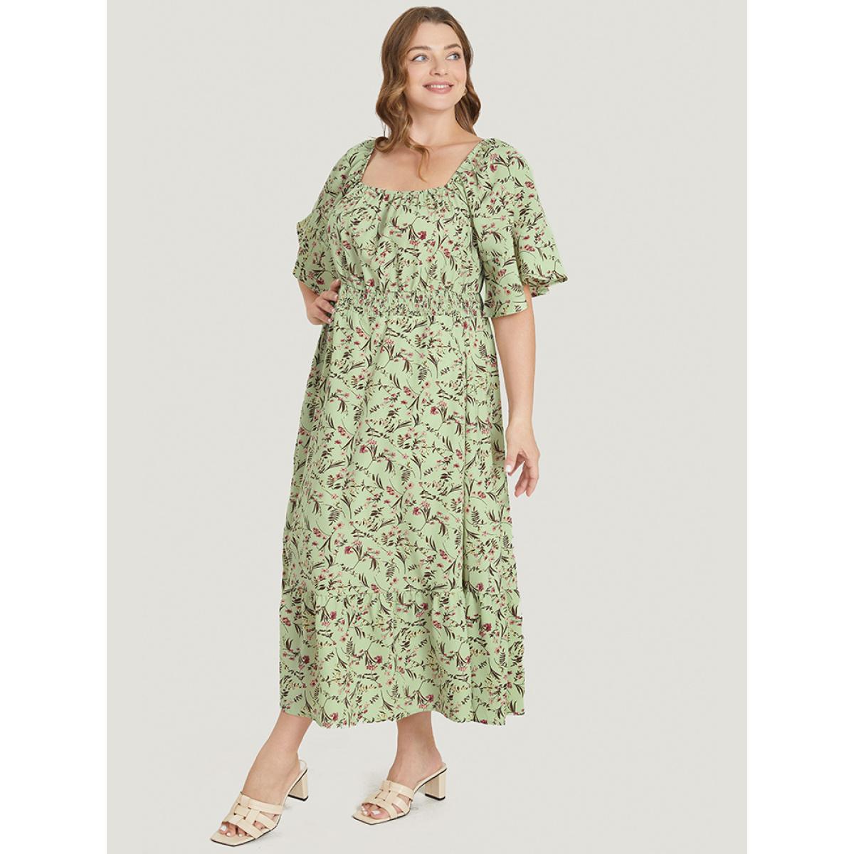 Plus Size Ditsy Floral Pocket Square Neck Shirred Ruffles Dress LightGreen Women Elegant Non Square Neck Short sleeve Curvy Midi Dress BloomChic 28/5X Product Image