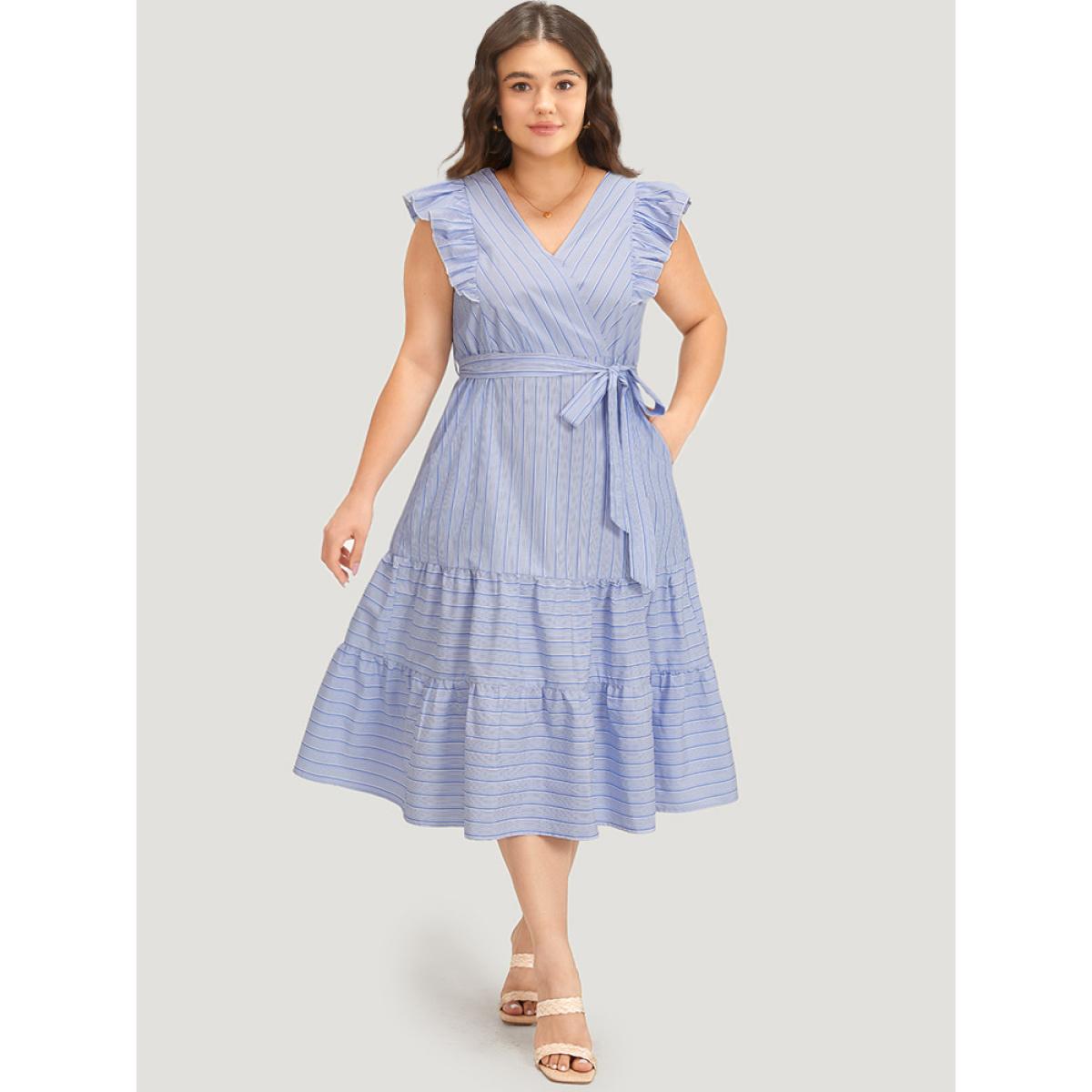 Plus Size Striped Surplice Neck Belted Ruffle Cap Sleeve Dress Stone Women Vacation Belted V-neck Cap Sleeve Curvy Midi Dress BloomChic 28/5X Product Image