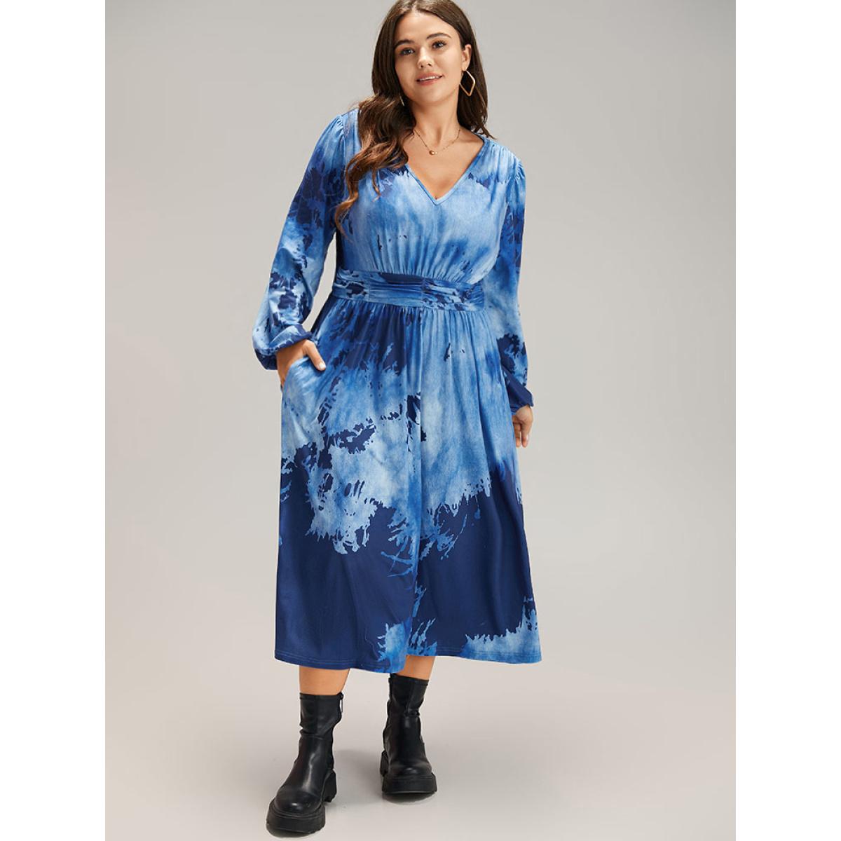 Plus Size Tie Dye Ruched Pocket Lantern Sleeve Dress Indigo Women Casual Elastic cuffs V-neck Long Sleeve Curvy Midi Dress BloomChic 28/5X Product Image