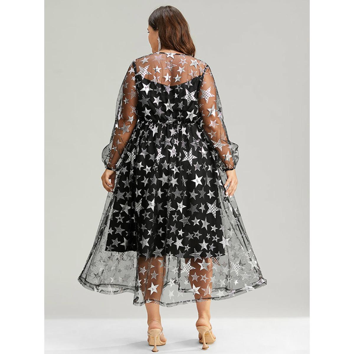 Plus Size Christmas Star Mesh Patchwork Lantern Sleeve Dress Black Women Party Elastic cuffs Round Neck Long Sleeve Curvy Midi Dress BloomChic 12/L Product Image