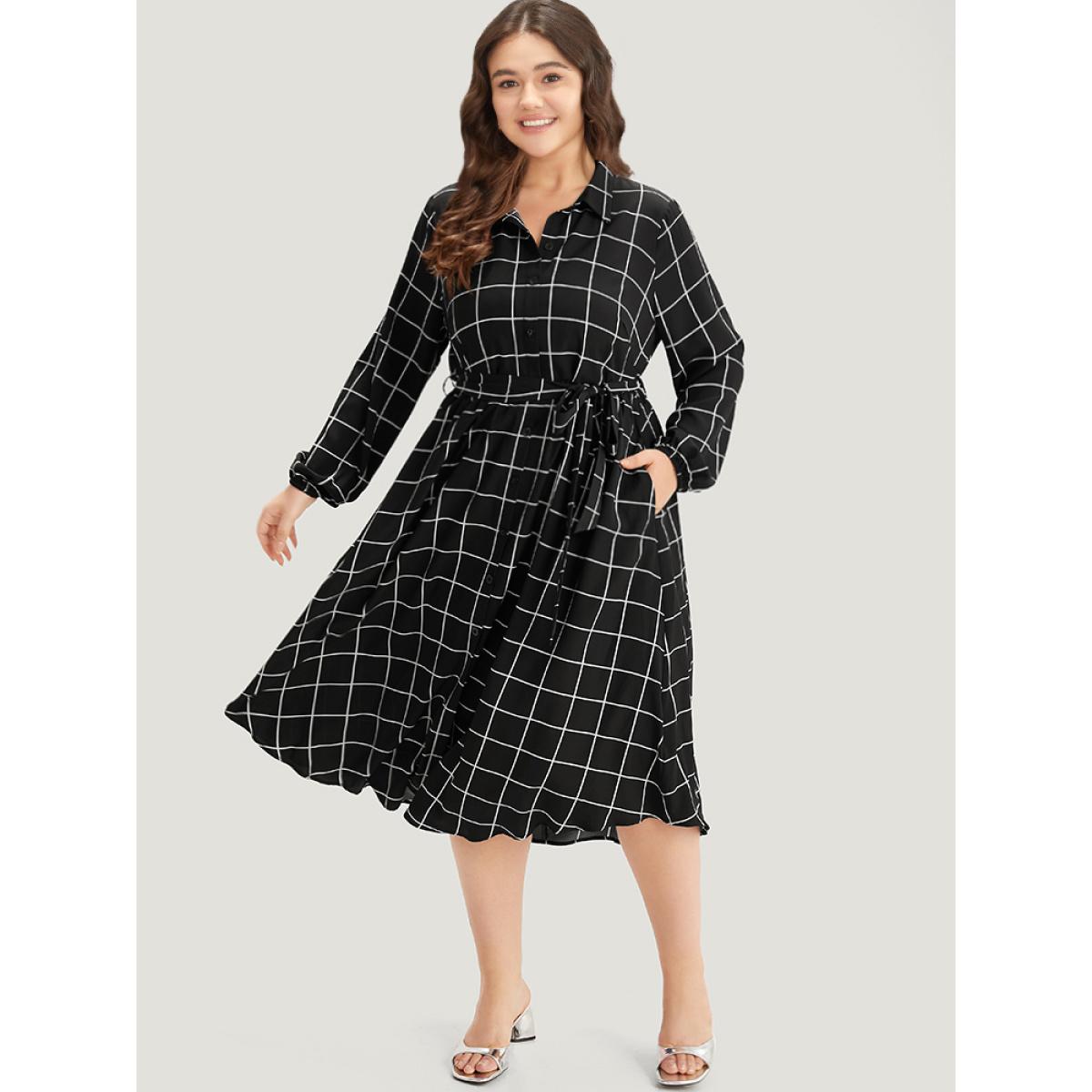 Plus Size Plaid Shirt Collar Belted Lantern Sleeve Dress Black Women At the Office Elastic cuffs Shirt collar Long Sleeve Curvy Midi Dress BloomChic 14-16/1X Product Image