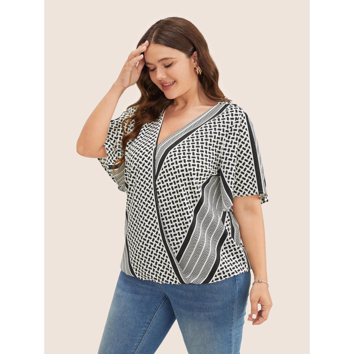 Plus Size Black Geometric Contrast Ruffle Sleeve Wrap Blouse Women Resort Short sleeve Overlap Collar Vacation Blouses BloomChic 26/4X Product Image