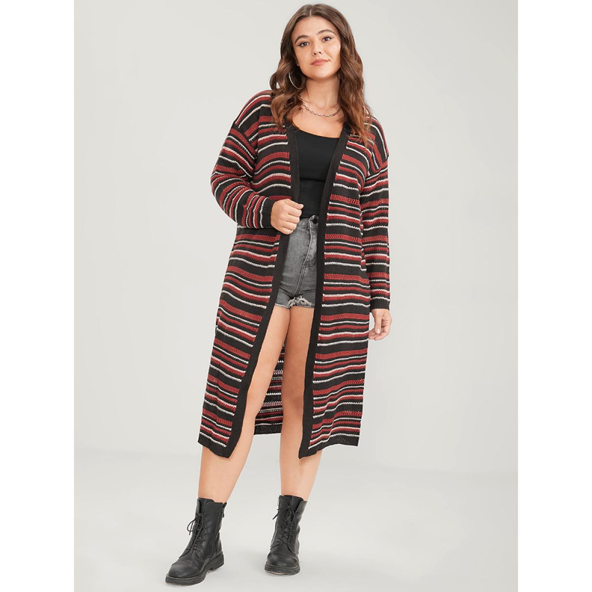 Plus Size Striped Contrast Pointelle Knit Pocket Open Front Long Cardigan Multicolor Women Casual Loose Long Sleeve Dailywear Cardigans BloomChic 18-20/2X Product Image