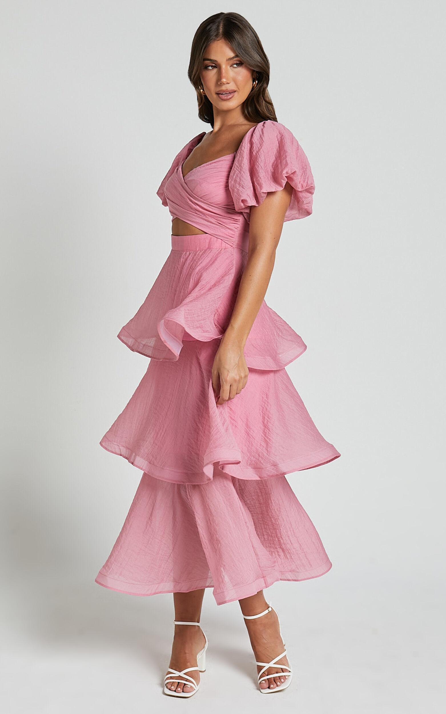 Giselle Midi Dress - Short Puff Sleeve Front Cut Out Layered Dress in Pink Product Image