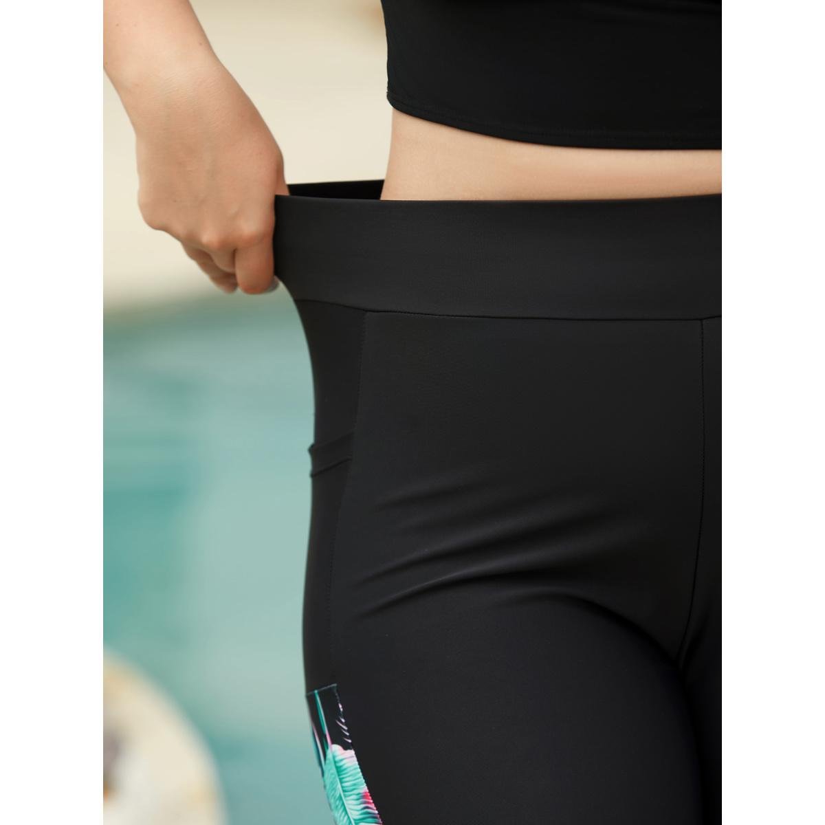 Plus Size Tropical Print High Waisted Tight Swim Bottoms Women's Swimwear Black Beach Patchwork High stretch Skinny High Rise Patch pocket Curve Swim Bottoms BloomChic 18-20/2X Product Image