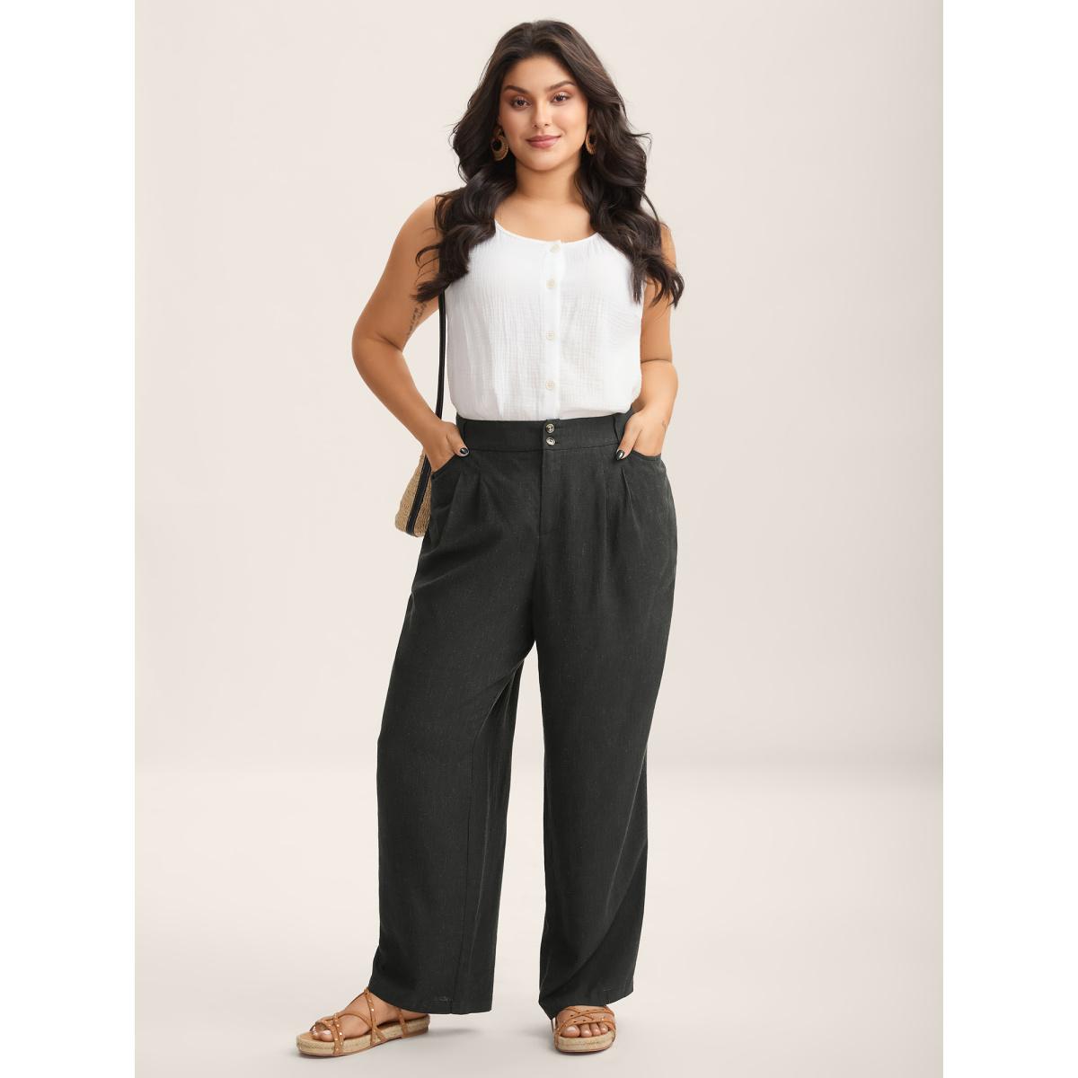 Plus Size Rayon-Linen Pleated Straight-Leg Pants Women Black Resort Straight Leg Mid Rise Vacation Pants BloomChic 14-16/1X Product Image