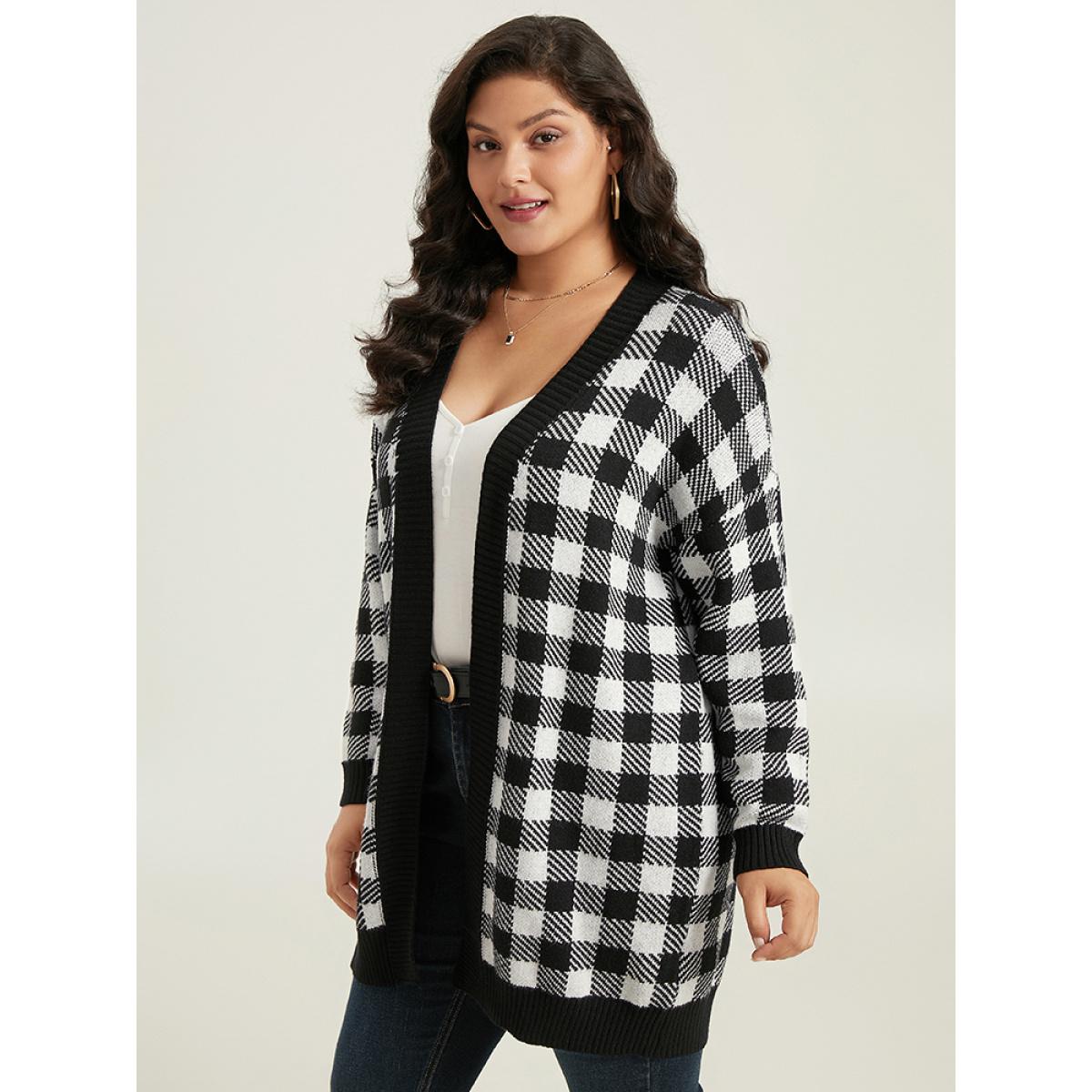 Plus Size Supersoft Essentials Plaid Elastic Cuffs Cardigan Black Women Casual Loose Long Sleeve Dailywear Cardigans BloomChic 22-24/3X Product Image