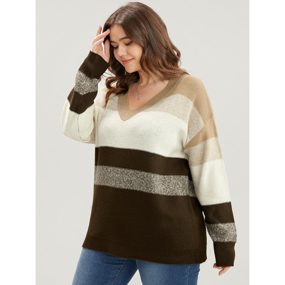 Plus Size Colorblock Contrast Soft Sexy Yarn Knit Fluffy Knit Top Brown Women Casual Loose Long Sleeve V-neck Dailywear Pullovers BloomChic 10/M Product Image