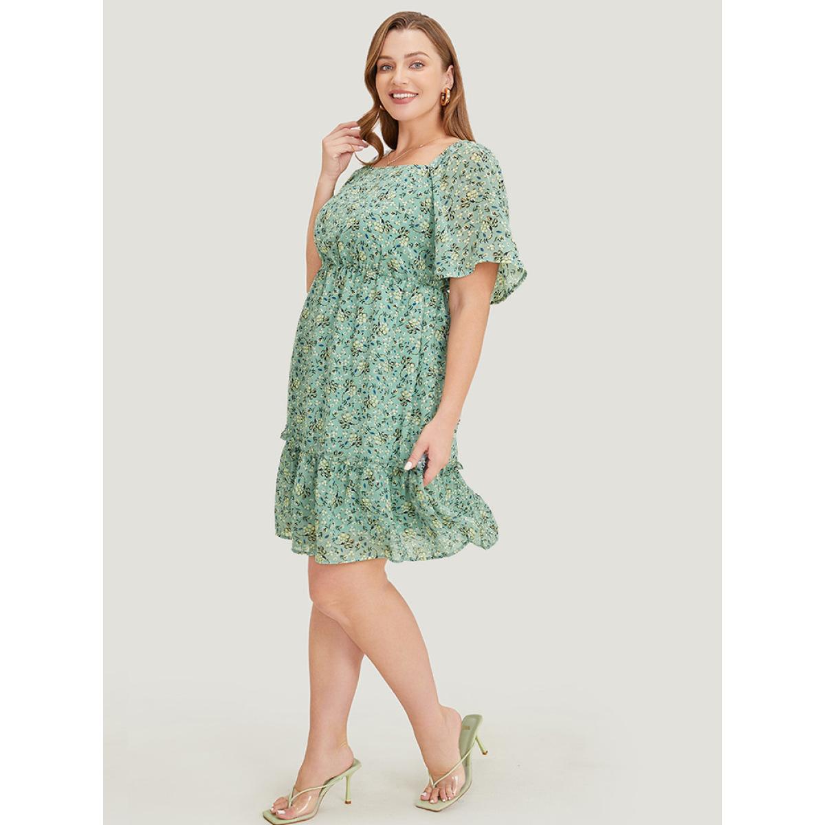 Plus Size Ditsy Floral Square Neck Frill Trim Pocket Ruffle Hem Dress Mint Women Elegant Lined Square Neck Short sleeve Curvy Short Dress BloomChic 28/5X Product Image