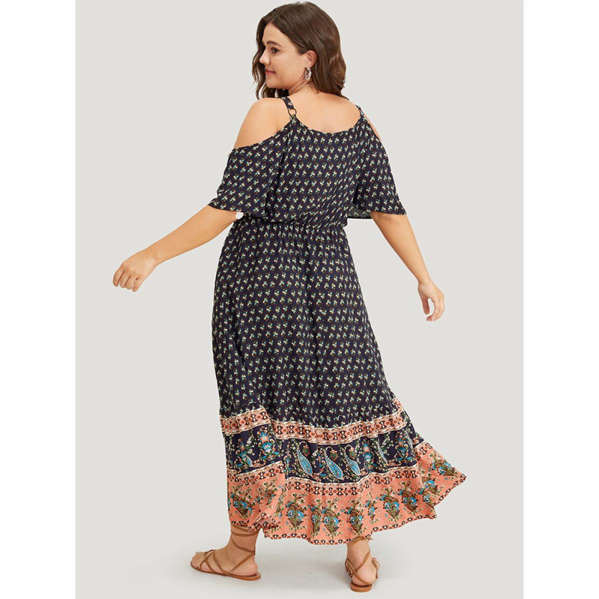 Plus Size Bandana Print Pocket Ruffle Trim Cold Shoulder Maxi Dress Indigo Women Vacation Adjustable Straps V-neck Short sleeve Curvy Maxi Dress BloomChic 12/L Product Image