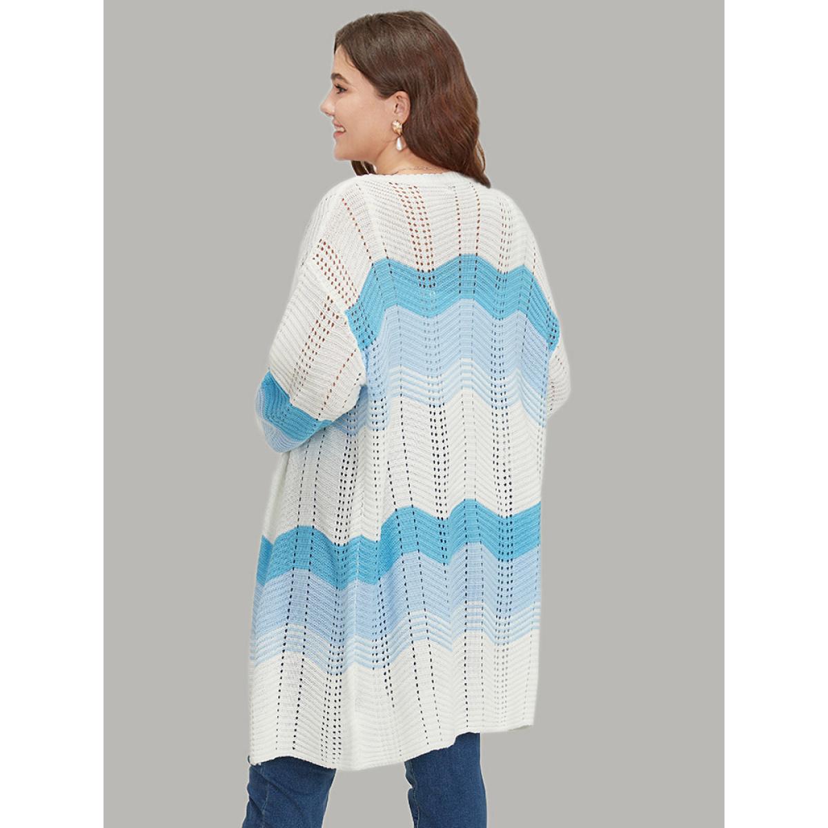 Plus Size Ombre Geo Eyelet Tunic Open Front Elastic Cuffs Cardigan Blue Women Casual Loose Long Sleeve Dailywear Cardigans BloomChic 14-16/1X Product Image